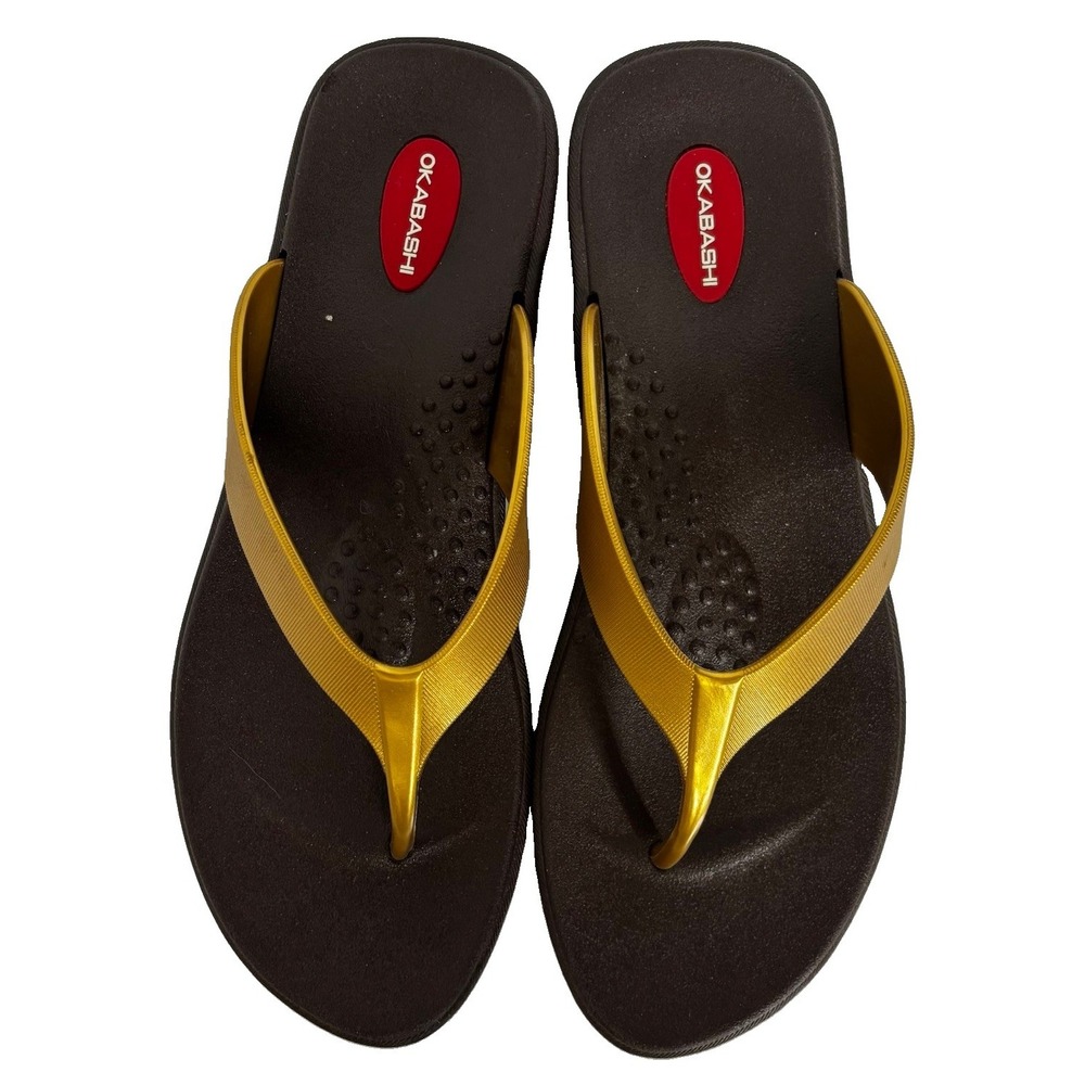 Okabashi Sandals Women LG Flip Flop Brown Gold Slip On Beach Resort Vacay Cruise